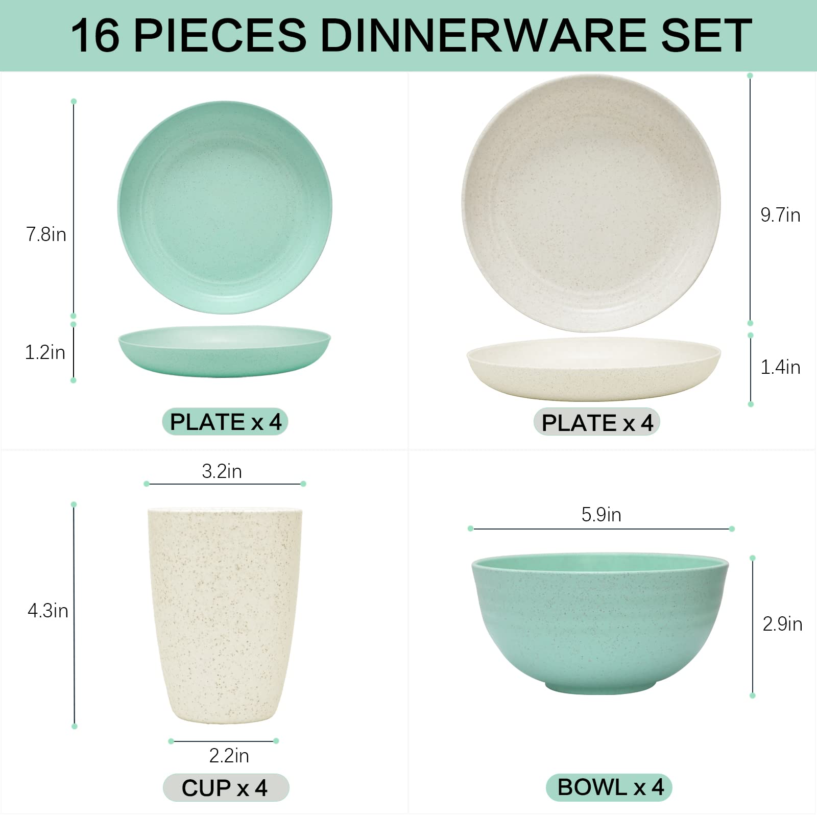 Wheat Straw Dinnerware Sets for 4, Osonm 16PCS Lightweight Unbreakable Plastic Plate Bowl Cup Set, Dishwasher Microwave Safe Dishes Set for Camping, RV, Picnic, Kitchen, Dorm, Great for Kids & Adults