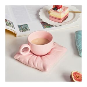 ZQDMBH Coffee Mugs Ceramic Cup With Pillow Coaster Creative Couple Coffee Cup Tea Cups Saucers Box Set Drinkware (Color : Pink Set)