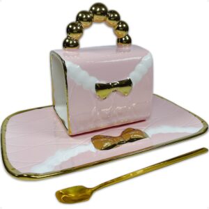 sisetop handbag shaped mug and saucer, 10.5 oz purse coffee mug set, handmade cute mugs with spoon & pearl beaded handle, porcelain coffee cups for women, girls, birthday, christmas, gift, pink