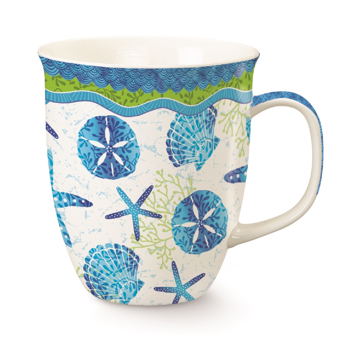 Beach Batik Blue Shells Starfish Sand Dollar Mug Porcelain 15 Ounces