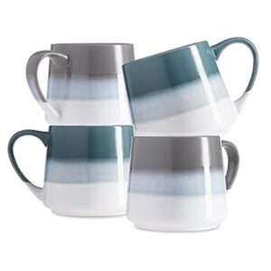 heartland hive set of 4 stoneware coffee mugs- ombre printed bright & colorful coffee cups, mugs for tea, latte, and hot chocolate, 20 oz (blue and grey)