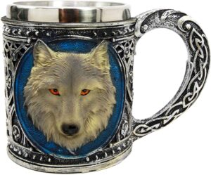 ebros gift alpha gray wolf celtic tribal magic resin 16oz mug with stainless steel rim figurine for coffee tea cereal drinks halloween party hosting kitchen dining decor of wolves timberwolf direwolf