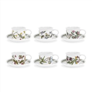 portmeirion botanic garden drum shaped teacup and saucer | set of 6 with assorted floral motifs | 7 oz teacups and saucers | made in england from fine earthenware | dishwasher safe