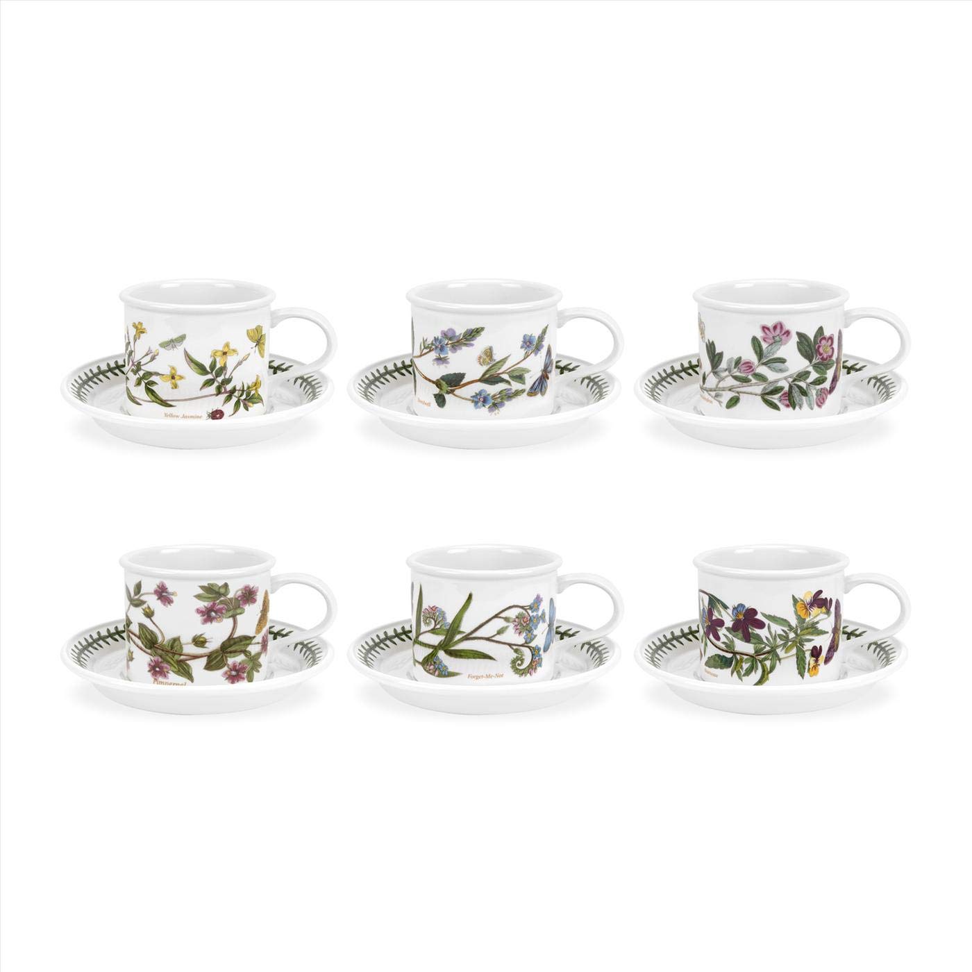 Portmeirion Botanic Garden Drum Shaped Teacup and Saucer | Set of 6 with Assorted Floral Motifs | 7 Oz Teacups and Saucers | Made in England from Fine Earthenware | Dishwasher Safe