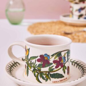 Portmeirion Botanic Garden Drum Shaped Teacup and Saucer | Set of 6 with Assorted Floral Motifs | 7 Oz Teacups and Saucers | Made in England from Fine Earthenware | Dishwasher Safe