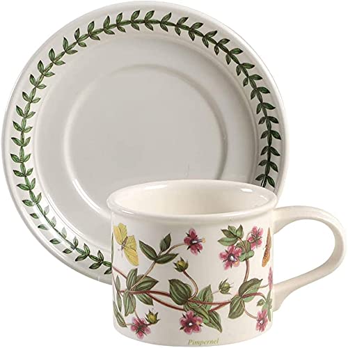 Portmeirion Botanic Garden Drum Shaped Teacup and Saucer | Set of 6 with Assorted Floral Motifs | 7 Oz Teacups and Saucers | Made in England from Fine Earthenware | Dishwasher Safe