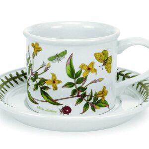 Portmeirion Botanic Garden Drum Shaped Teacup and Saucer | Set of 6 with Assorted Floral Motifs | 7 Oz Teacups and Saucers | Made in England from Fine Earthenware | Dishwasher Safe