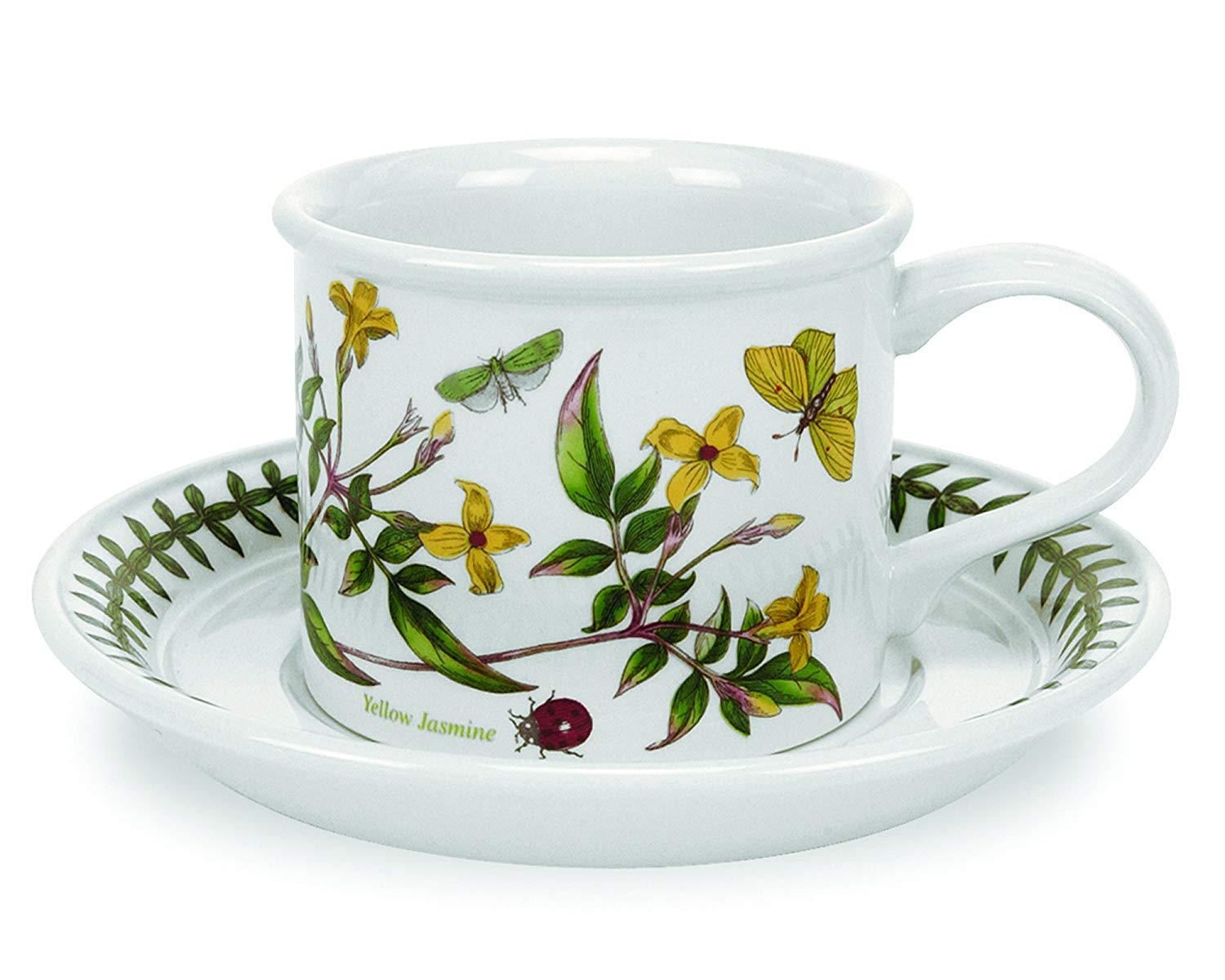 Portmeirion Botanic Garden Drum Shaped Teacup and Saucer | Set of 6 with Assorted Floral Motifs | 7 Oz Teacups and Saucers | Made in England from Fine Earthenware | Dishwasher Safe