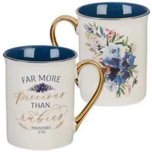 christian art gifts ceramic coffee & tea mug for women 12 oz navy blue floral w/gold accents inspirational bible verse mug -more precious than rubies - proverbs 3:15 lead-free scripture cup