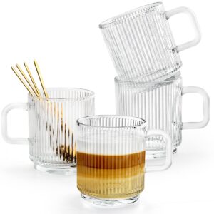 ymyaye clear glass coffee mug set of 4, 12 ounces ribbed glassware with spoon, classic vertical stripes tea mugs for soda, latte, espresso, cappuccino, gift for birthday holidays wedding anniversary