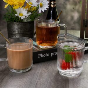 Ymyaye Clear Glass Coffee Mug Set of 4, 12 Ounces Ribbed Glassware with Spoon, Classic Vertical Stripes Tea Mugs for Soda, Latte, Espresso, Cappuccino, Gift for Birthday Holidays Wedding Anniversary