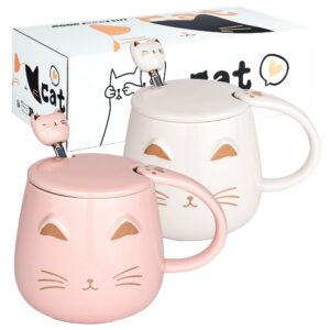 dongshangift cat mugs set of 2 cute cat tea cup set ceramic coffee mug with lid and spoon cute mugs for women girls cat lovers 13oz/380ml christmas birthday cat gift mug (white and pink)