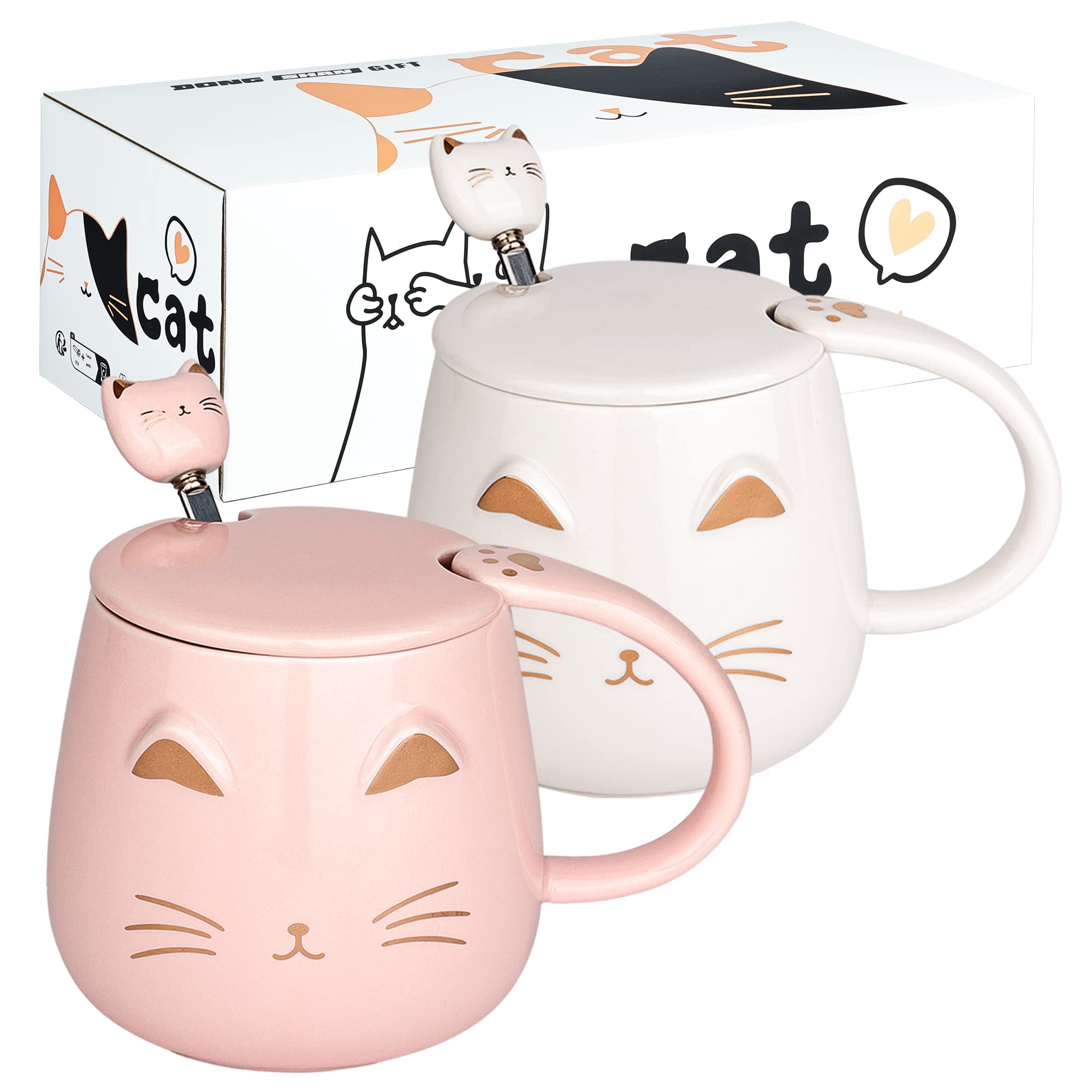 DONGSHANGIFT Cat Mugs Set of 2 Cute Cat Tea Cup Set Ceramic Coffee Mug with Lid and Spoon Cute Mugs for Women Girls Cat Lovers 13oz/380ml Christmas Birthday Cat Gift Mug (White and Pink)