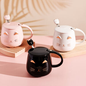 DONGSHANGIFT Cat Mugs Set of 2 Cute Cat Tea Cup Set Ceramic Coffee Mug with Lid and Spoon Cute Mugs for Women Girls Cat Lovers 13oz/380ml Christmas Birthday Cat Gift Mug (White and Pink)