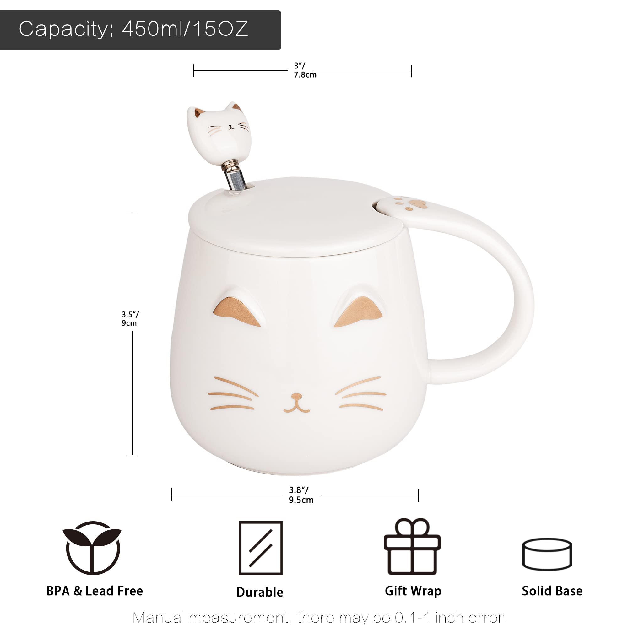 DONGSHANGIFT Cat Mugs Set of 2 Cute Cat Tea Cup Set Ceramic Coffee Mug with Lid and Spoon Cute Mugs for Women Girls Cat Lovers 13oz/380ml Christmas Birthday Cat Gift Mug (White and Pink)