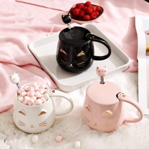 DONGSHANGIFT Cat Mugs Set of 2 Cute Cat Tea Cup Set Ceramic Coffee Mug with Lid and Spoon Cute Mugs for Women Girls Cat Lovers 13oz/380ml Christmas Birthday Cat Gift Mug (White and Pink)