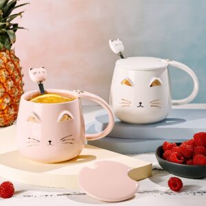 DONGSHANGIFT Cat Mugs Set of 2 Cute Cat Tea Cup Set Ceramic Coffee Mug with Lid and Spoon Cute Mugs for Women Girls Cat Lovers 13oz/380ml Christmas Birthday Cat Gift Mug (White and Pink)