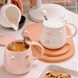 DONGSHANGIFT Cat Mugs Set of 2 Cute Cat Tea Cup Set Ceramic Coffee Mug with Lid and Spoon Cute Mugs for Women Girls Cat Lovers 13oz/380ml Christmas Birthday Cat Gift Mug (White and Pink)