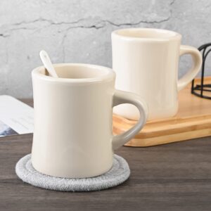 BYCNZB 11oz Ceramic Diner Coffee Mug set Stoneware Coffee Cups Set for Restaurant, Diner, Farmhouse, Coffee Shop, Home set of 4 with Coffee spoons and Woven Coasters (Cream)