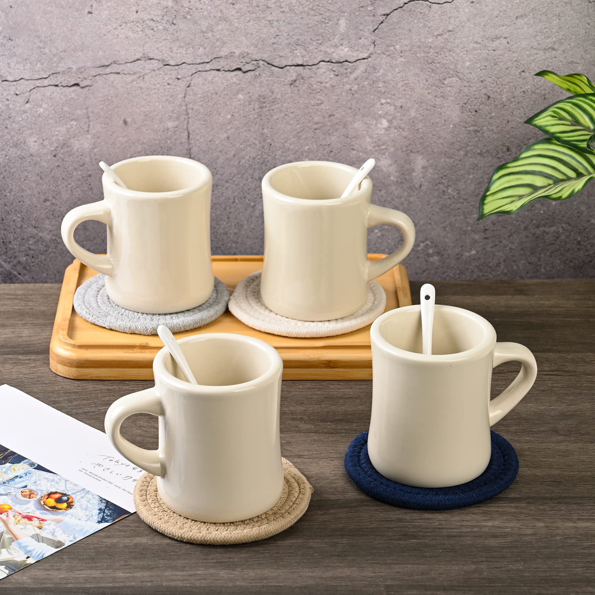 BYCNZB 11oz Ceramic Diner Coffee Mug set Stoneware Coffee Cups Set for Restaurant, Diner, Farmhouse, Coffee Shop, Home set of 4 with Coffee spoons and Woven Coasters (Cream)