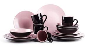 homevss stoneware two-tone colors life 16pc dinner set，outside shiny black + inside matte glaze rose