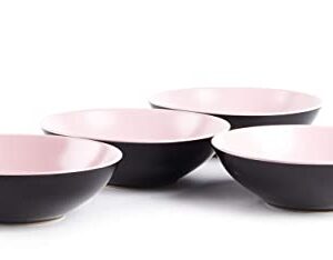 HomeVss Stoneware Two-Tone Colors Life 16pc Dinner Set，Outside Shiny Black + Inside Matte Glaze Rose