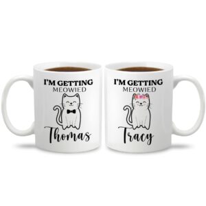 i'm getting meowied couples mug set of 2 personalized gift with name gifts for engagement, wedding, i'm getting meowied mugs sets gift for couples, bridal shower, fiancee and fiance, him and her