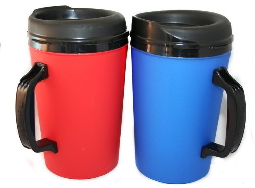 GAMA Electronics 2 ThermoServ Foam Insulated Coffee Mug 20 oz w/Lids (1) Blue & (1) Red