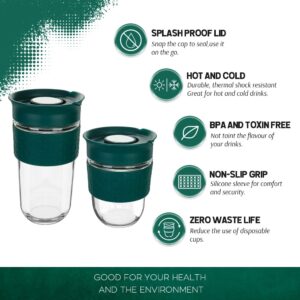 HY3 Reusable Coffee Cup, 18 oz Clear Glass Travel Mug with Flip-open Lid, 100% BPA Free, Microwave Safe, Anti-slip Silicone Sleeve (Blackish Green)