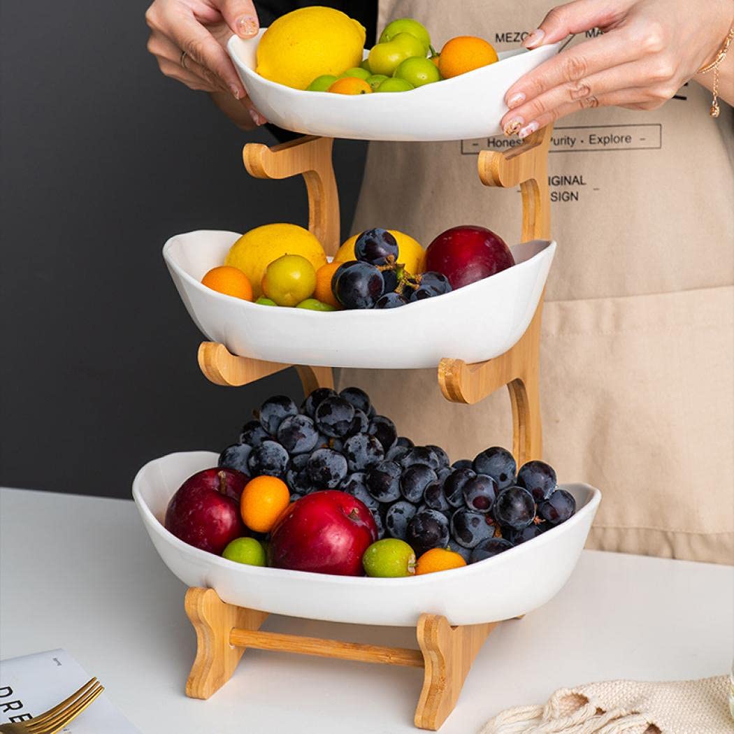 XUDREZ 3 Tier Fruit Basket for Kitchen Counter, 11"*8.6"*13" Ceramic Fruit Bowl for Kitchen Counter, Large Capacity Fruit Bowl Set with Holder, Bamboo Fruit Serving Tray (Porcelain)