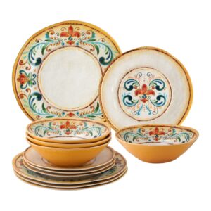 UPware 12-Piece Melamine Dinnerware Set, Includes Dinner Plates, Salad Plates, Bowls, Service for 4. (Tuscany)