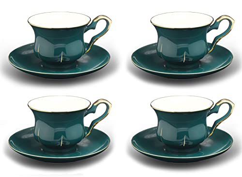 Jomop gothic style ceramics tea cup and saucer set gold trim set of 4 (Dark Green)