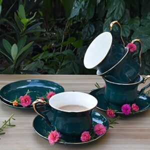 Jomop gothic style ceramics tea cup and saucer set gold trim set of 4 (Dark Green)