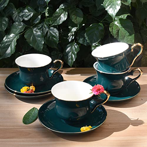 Jomop gothic style ceramics tea cup and saucer set gold trim set of 4 (Dark Green)