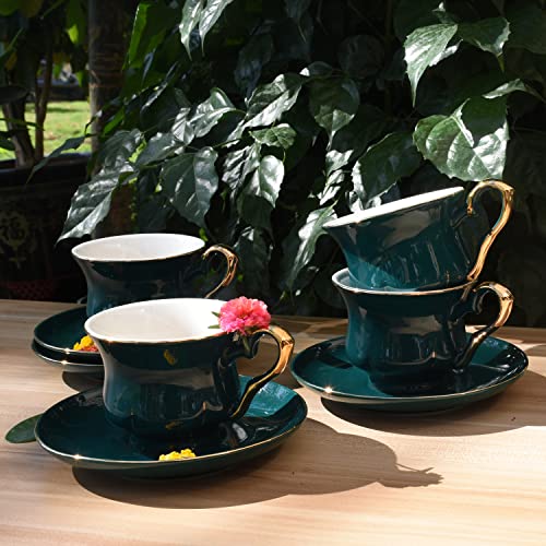 Jomop gothic style ceramics tea cup and saucer set gold trim set of 4 (Dark Green)