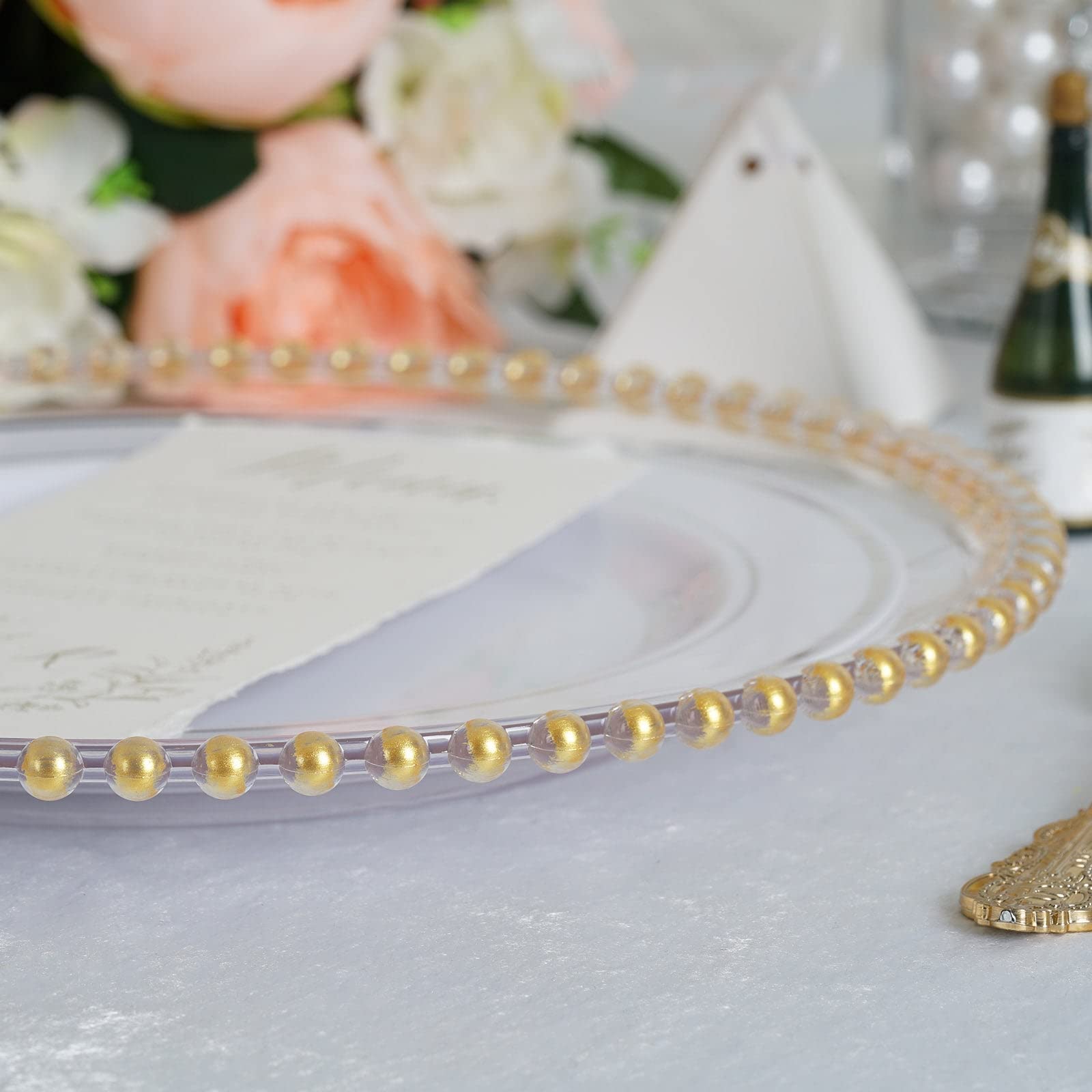 Tableclothsfactory 6 Pack 12" Gold Clear Acrylic Round Charger Plates With Beaded Rim Dinner Charger Plates