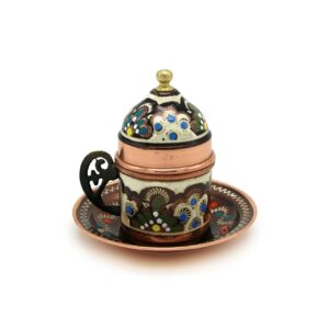 ankara bakır copper turkish coffee cup with saucer and lid