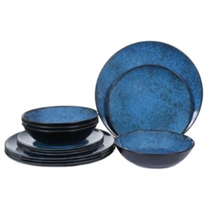 gofunfun melamine dinnerware sets for 4, dinner plates bowls set, unbreakable melamine classic blue dinnerware, dishwasher safe tableware sets for everyday use, 12 pcs
