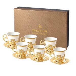 cmdhy espresso turkish coffee cups and saucers for women tea cups set of 6 with gift box 2.8 ounces (white-golden)