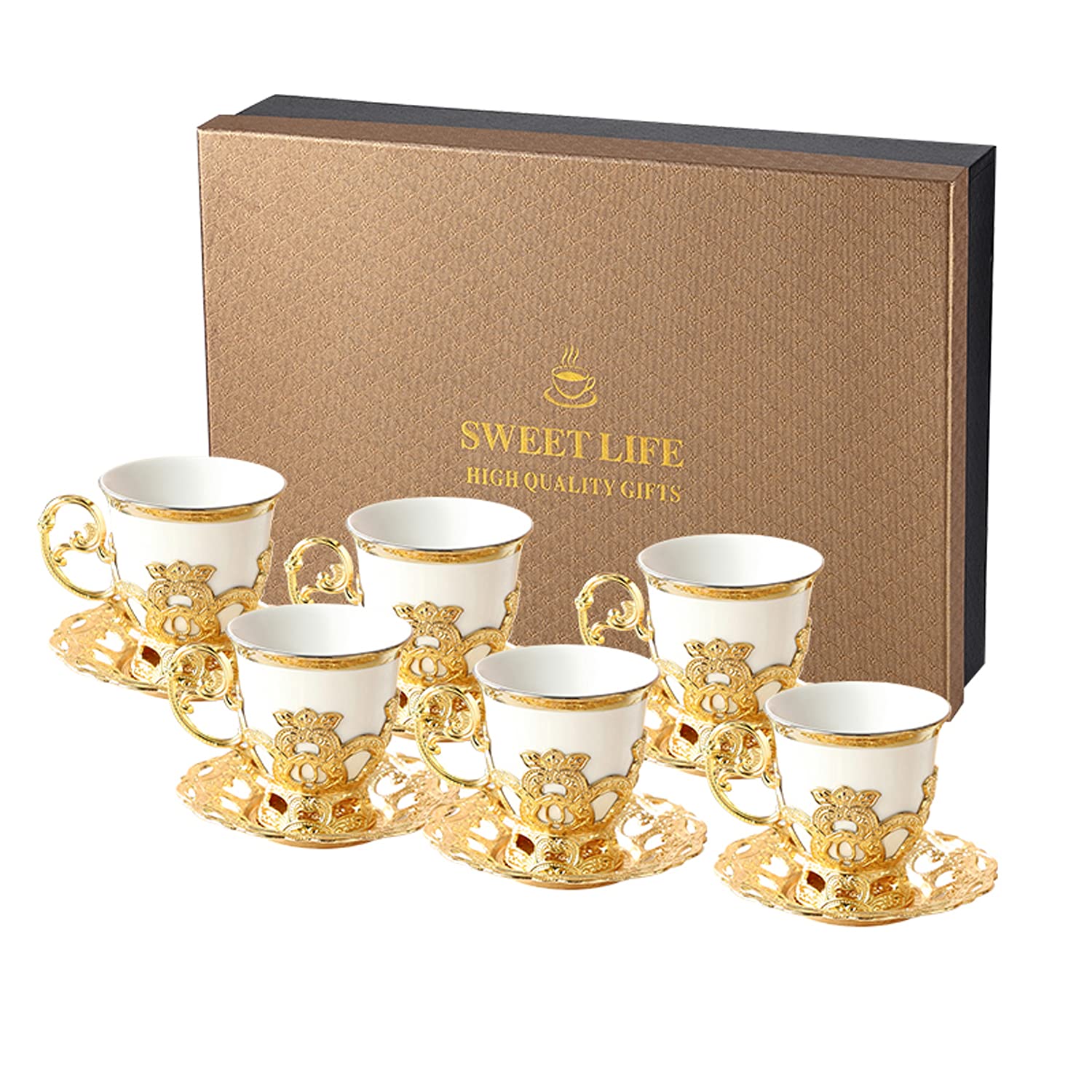 CMDHY Espresso Turkish Coffee Cups and Saucers for Women Tea Cups Set of 6 with Gift Box 2.8 Ounces (White-Golden)