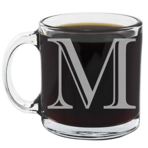 spotted dog company etched monogram 12oz clear glass coffee mug (letter m), a-z customized coffee gifts for coffee lovers, custom engraved gifts for women her, personalized gift for men, initial