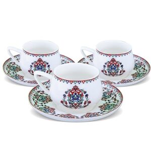 karaca nakkas espresso cup and saucer set for 6 people, 90 ml 3 oz turkish coffee cups with saucers, 12 pieces, mocha & cappuccino cups made of porcelain, traditional turkish pattern, dishwasher safe