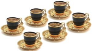 (set of 6) demmex turkish greek arabic coffee espresso demitasse cup saucer spoon set, black cups (gold)