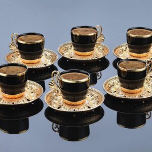 (Set of 6) Demmex Turkish Greek Arabic Coffee Espresso Demitasse Cup Saucer Spoon Set, Black Cups (Gold)