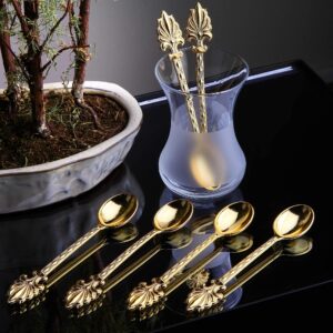 (Set of 6) Demmex Turkish Greek Arabic Coffee Espresso Demitasse Cup Saucer Spoon Set, Black Cups (Gold)