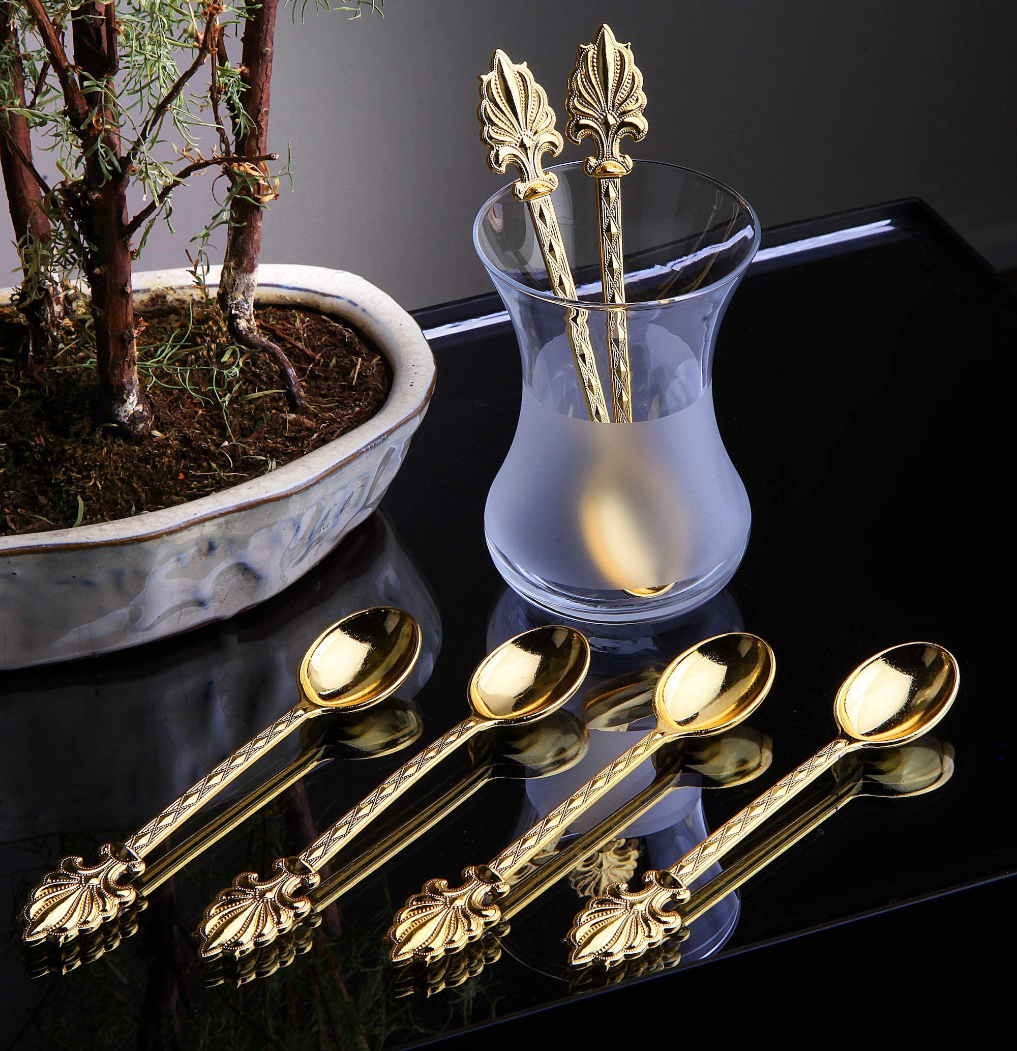(Set of 6) Demmex Turkish Greek Arabic Coffee Espresso Demitasse Cup Saucer Spoon Set, Black Cups (Gold)