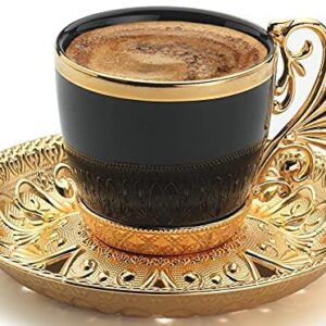 (Set of 6) Demmex Turkish Greek Arabic Coffee Espresso Demitasse Cup Saucer Spoon Set, Black Cups (Gold)