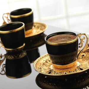 (Set of 6) Demmex Turkish Greek Arabic Coffee Espresso Demitasse Cup Saucer Spoon Set, Black Cups (Gold)