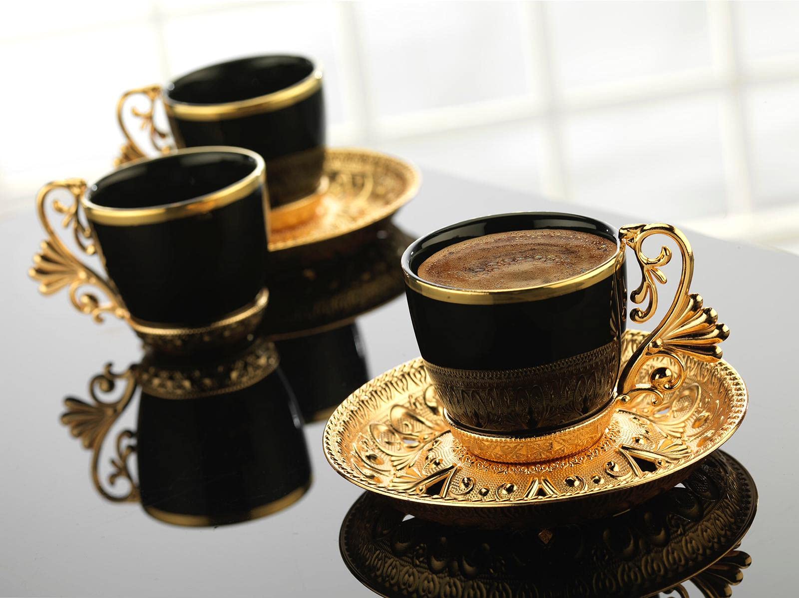 (Set of 6) Demmex Turkish Greek Arabic Coffee Espresso Demitasse Cup Saucer Spoon Set, Black Cups (Gold)