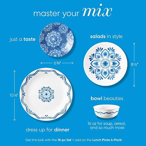 Corelle Vitrelle 18-Piece Service for 6 Dinnerware Set, Triple Layer Glass and Chip Resistant, Lightweight Round Plates and Bowls Set, Lisbon Terrace